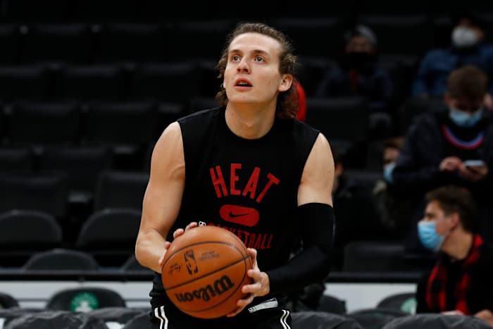 Miami Heat guard Kyle Guy (5) warms-up before their game against the Boston Celtics at TD Garden.